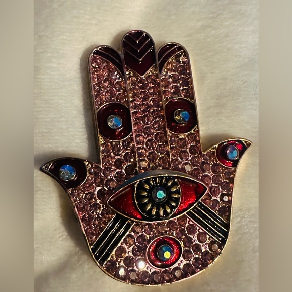 Jewelry - Stunning Hamsa Hand Large Gold Tone Brooch with Red and Pink Rhinestones